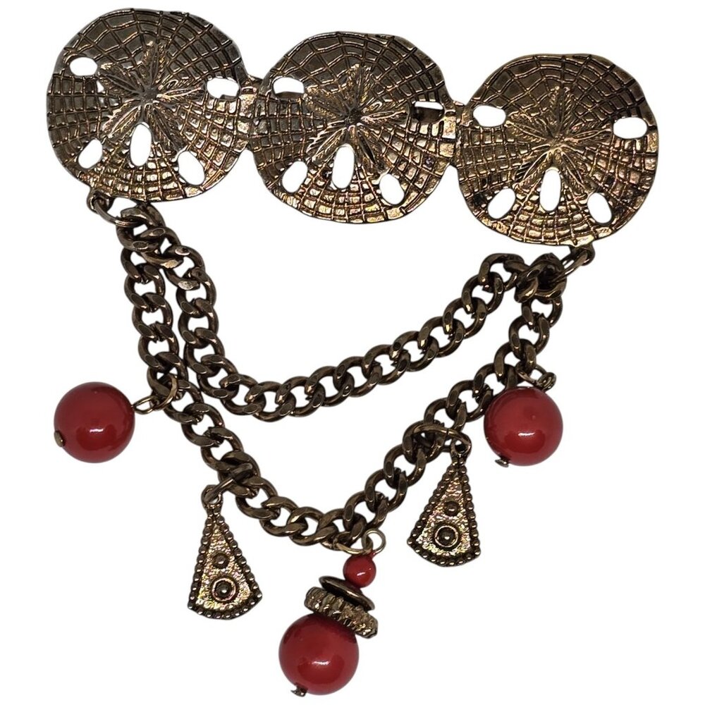 Vintage Gold Tone Sand Dollar Brooch Pin with Red Bead & Chain Dangles Boho